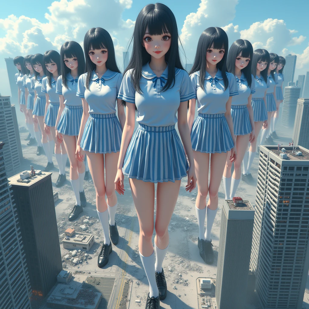 (((Best Super High quality giant Clone girls Raw Photography Art))), (((16K, Highest quality, Ultra-high resolution, RAW Photos))), (((((Unrealistic, Unparalleled depiction, An unbelievable sight, Unprecedented and shocking, In the world of giga giant clone-girls, Ultra-realistic))))), A high school girl with thick black hair, Light blue short sleeve uniform, Blue and white striped mini skirt, White socks, Black leather shoes, Very detailed美しい女体, Very detailed完璧な体の構造, ((Big Breasts)), (((A seductive smile))), (((((Extremely detailed depiction, Super huge beautiful girl, 15,000ft, High school girls are much taller than skyscrapers, The shoes worn by high school girls are bigger than skyscrapers))))), (((((Above 10,A depiction of looking down on a group of gigantic high school girls from 000m above sea level))))), (((((small city, Super miniature city, The people in the town are tiny))))), ((((((((Highly detailed cloning depiction, 1giant girl-1,000giant clone-girls)))))))), (Very detailed, The detailed depiction of the proliferation of Clone-girls, ((With perfectly identical Clone-girls&#39; bodies, With the exact same face as Clone-girls, With the exact same hairstyle as Clone-girls, Dressed exactly like the Clone-girls, Exactly the same height as the Clone-girls, 完璧にClone-girlsと同じ超Big Breasts), (((((1,000giant Clone-girls))))), ((There are so many gigantic high school girls that you can barely move your feet., A bunch of high school girls crush and smash a skyscraper with their feet, Destroying cities, rubble scattered, Many explosions and smoke at the places where they were stepped on, All skyscrapers are destroyed, The city burns, The city becomes a sea of rubble)), City Survivors 0.001％, High school girls have fun