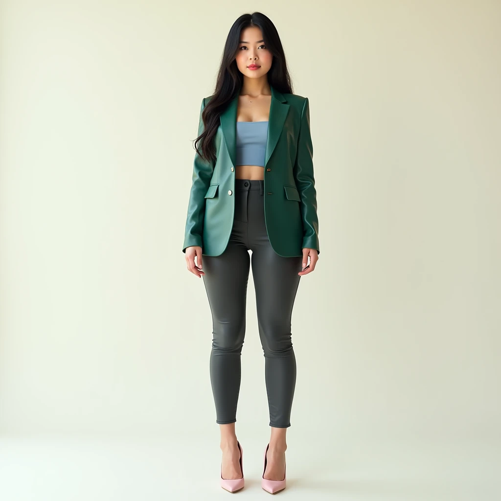 captured with a Sony α7 III camera, young Asia, an narrow waist, wide hips, and a full bust. The proportions are highly stylized, with a sharp contrast between the tiny waist and the expansive curves of the hips and chest, full body shot, fitted leather blazer Emerald green in color, bluish pink inner tee, Charcoal Grey Cigarette Pants, high heels Blush pink, standing straight, creamy white background.