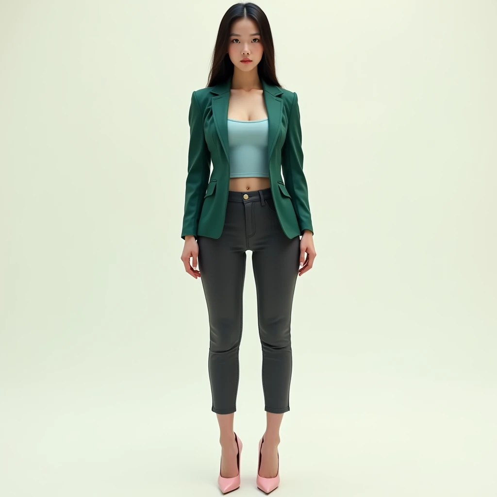 captured with a Sony α7 III camera, young Asia, an narrow waist, wide hips, and a full bust. The proportions are highly stylized, with a sharp contrast between the tiny waist and the expansive curves of the hips and chest, full body shot, fitted leather blazer Emerald green in color, bluish pink inner tee, Charcoal Grey Cigarette Pants, high heels Blush pink, standing straight, creamy white background.