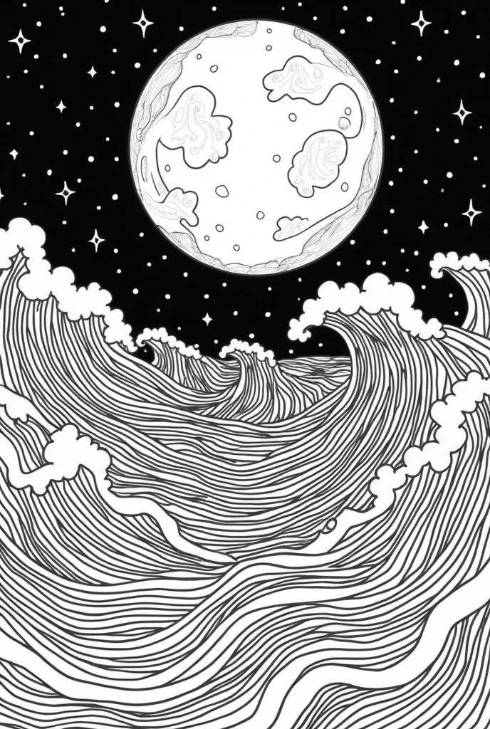 Catalina Estrada inspired colouring page without any colours of a stormy sea under a full moon with a starry sky