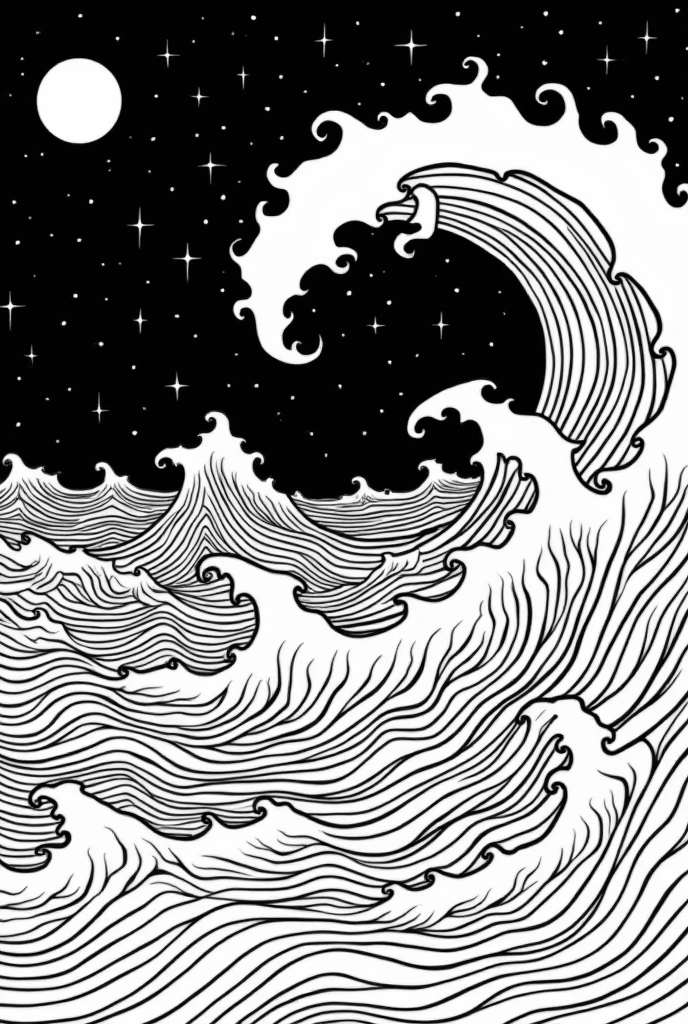 Catalina Estrada inspired colouring page without any colours of a stormy sea under a full moon with a starry sky