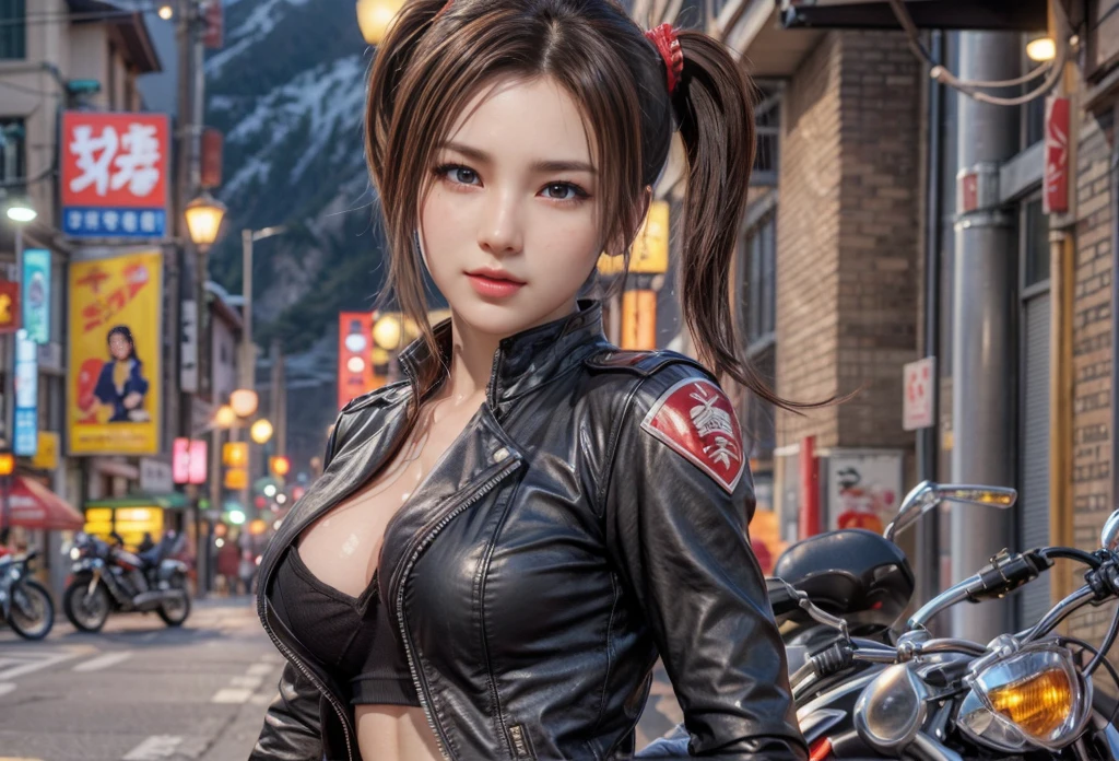 Mai Shiranui, (best qualityer,ultra details),(realisitic:1.37), beautiful and detailed face, ultra-realisitic texture, Exquisite face, athletic body, bright coloured. High definition, 8k, wearing red lipstick, rosy cheeks.