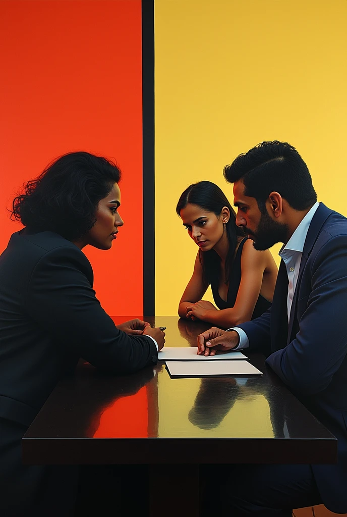 Treacherous Sri Lankan dark skinned skinny women, who was responsible for a death of a young lawyer with her illicit Muslim lover, is talking around a table with another male collogue present, women try to hide the afire but the collogue knows the truth, she roll her eyes at the Muslim lover playfully,  use Mondrian as inspiration and generate a acrylic art