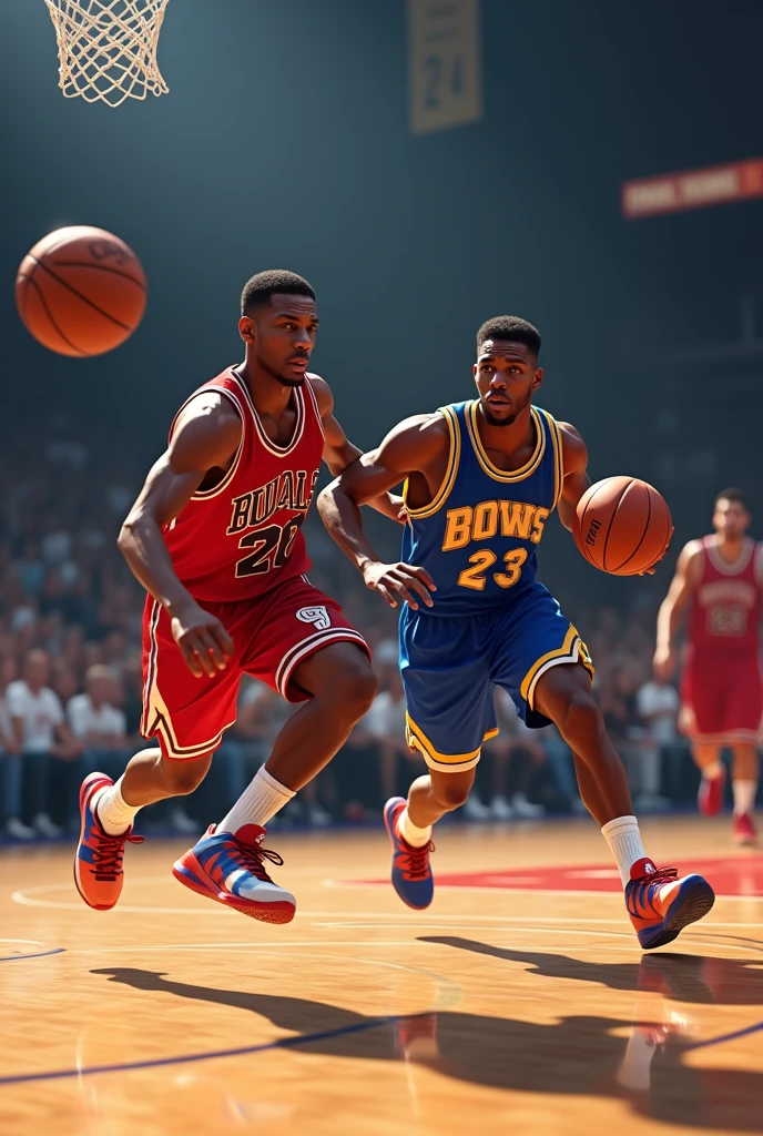 2 players play basketball game with  
Jordan shoes with different uniform 
