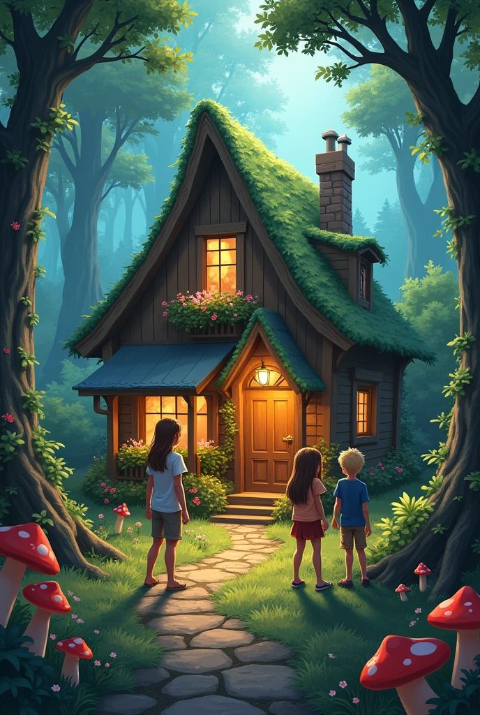 Four friends in an enchanted forest with a house