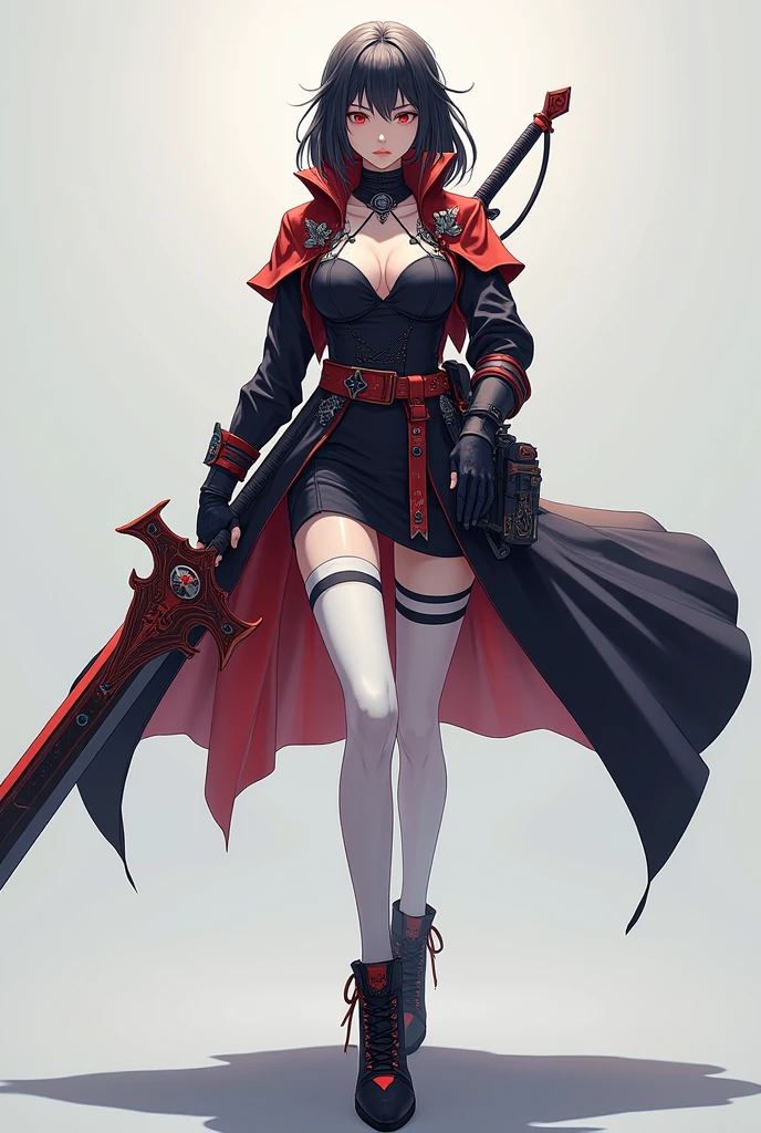 Anime Girl with perfect body with with gamer dress medium hair looking serious with black dress showing her long white leg and big sword