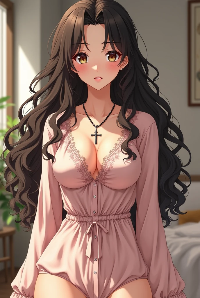A manga high school girl dressed in elegant pajamas. She has dark brown hair, very long, curly and thick, she has a part in the middle of her head and no bangs. His eyes are brown-green. She wears a Christian cross around her neck, has a strong chest, imposing hips, she stands straight and facing forward. She is very tall