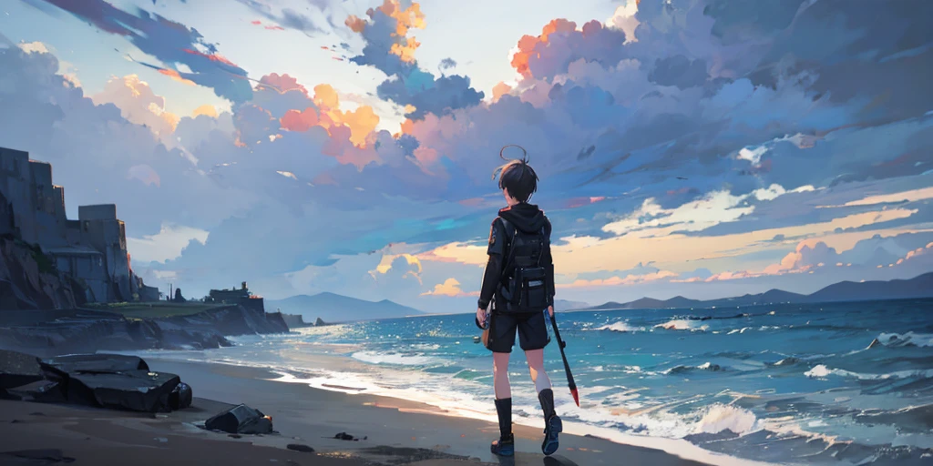 In the distance there is a boy's back sitting on the beach at midnight with a large purple starry sky and shooting stars in the background