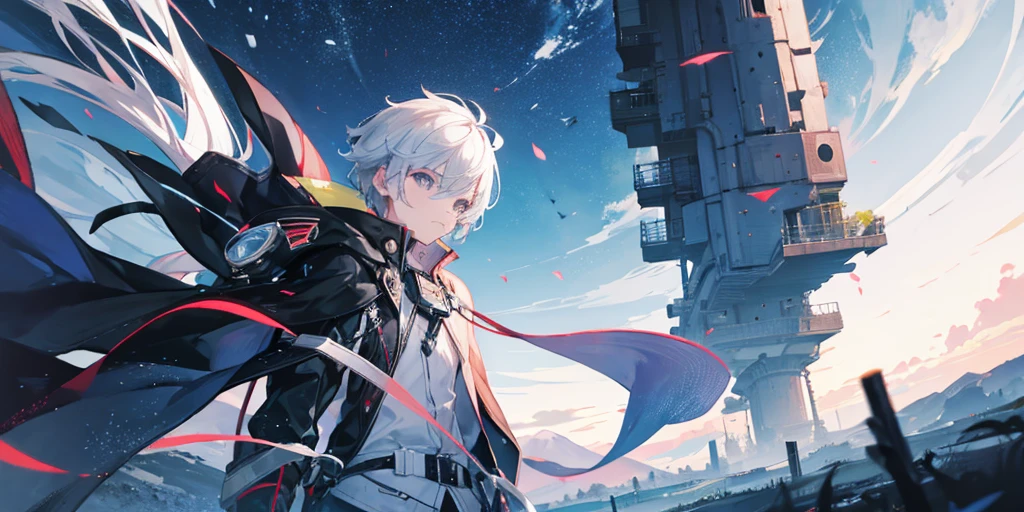 In the distance there is a boy's back sitting on the beach at midnight with a large purple starry sky and shooting stars in the background