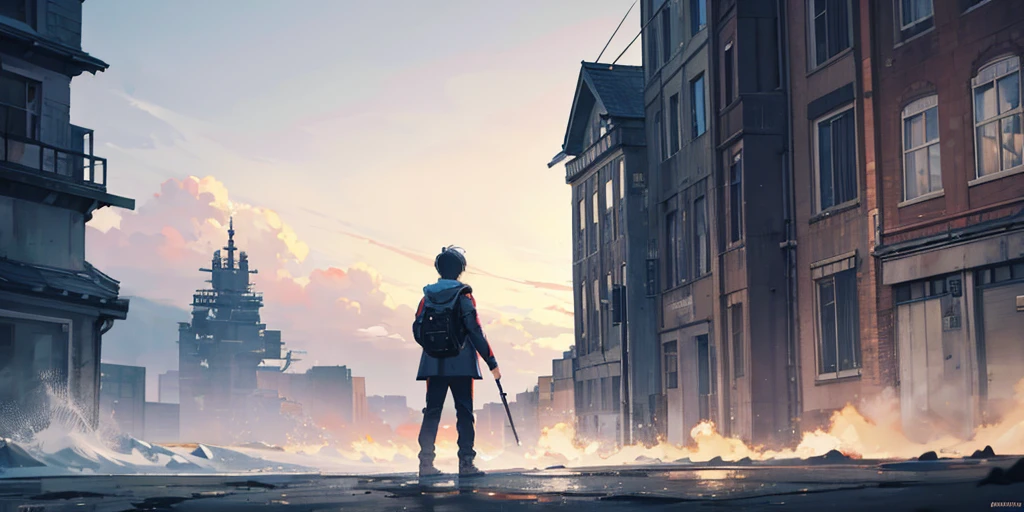 In the distance there is a boy's back sitting on the beach at midnight with a large purple starry sky and shooting stars in the background