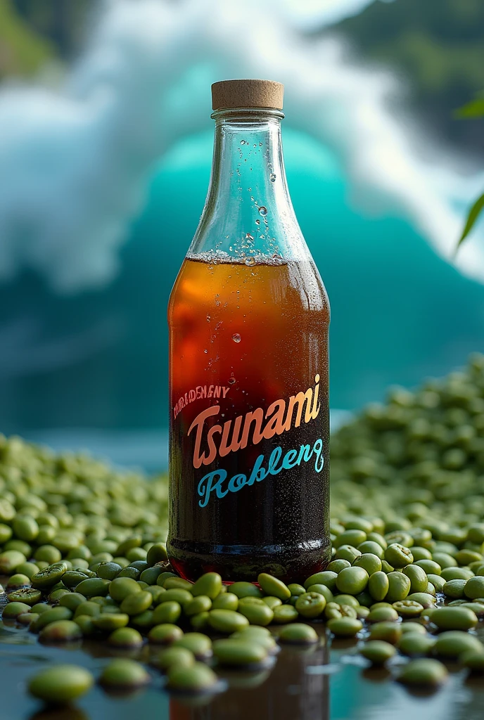 A coffe glass bottle named tsunami at beans