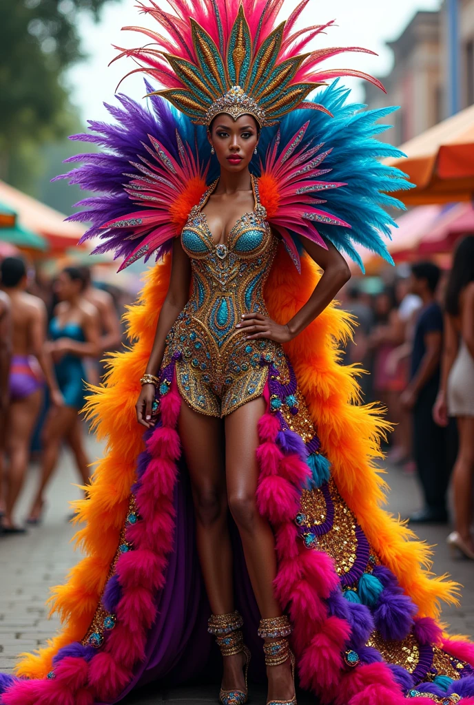 Design me a full-body Barranquilla carnival queen dress with lots of feathers and sequins in bright, bold colors