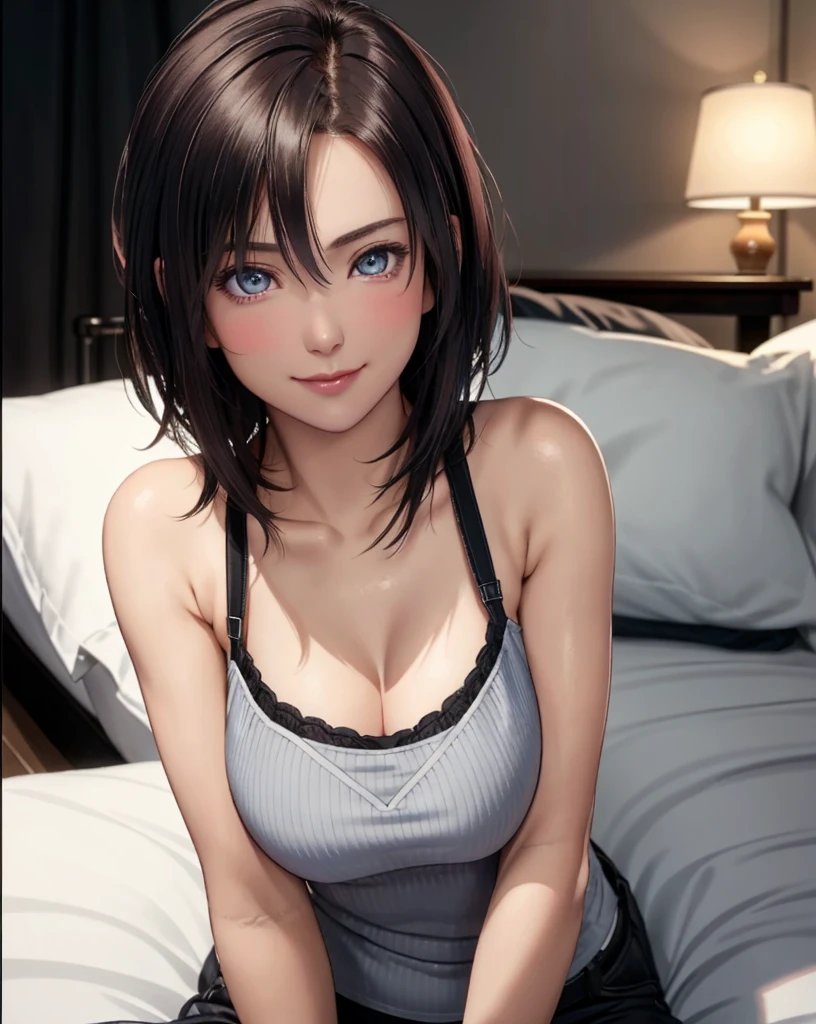 Best Quality, Ultra High Resolution, (Photorealistic: 1.4), Beautiful Eyes, Super Beautiful, Very Short Hair, Beautiful, Sweetheart, T-shirt with Rough Chest, Beautiful Soldier, Eyes That Invite Viewer, Lover's Perspective, Inviting Expression, Sexy Smile, Perfect Style, Perfect Balance, Detailed Skin, Naughty Gaze, Chest Visible