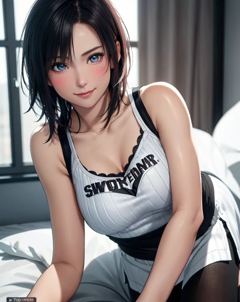 Best Quality, Ultra High Resolution, (Photorealistic: 1.4), Beautiful Eyes, Super Beautiful, Very Short Hair, Beautiful, Sweetheart, T-shirt with Rough Chest, Beautiful Soldier, Eyes That Invite Viewer, Lover's Perspective, Inviting Expression, Sexy Smile, Perfect Style, Perfect Balance, Detailed Skin, Naughty Gaze, Chest Visible