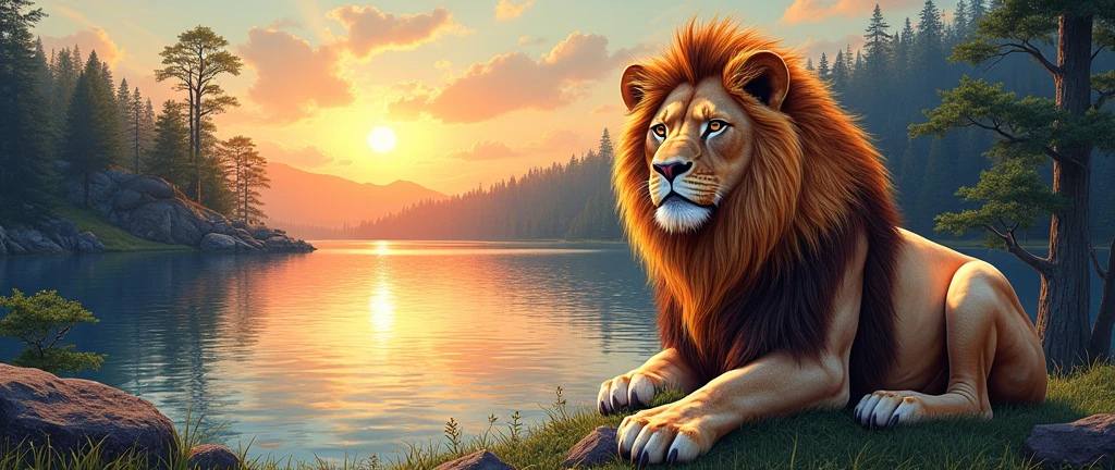 A very beautiful lion in a drawing with a background with a lake and the rising sun, all in a drawing on the right side, a very beautiful forest in a drawing.