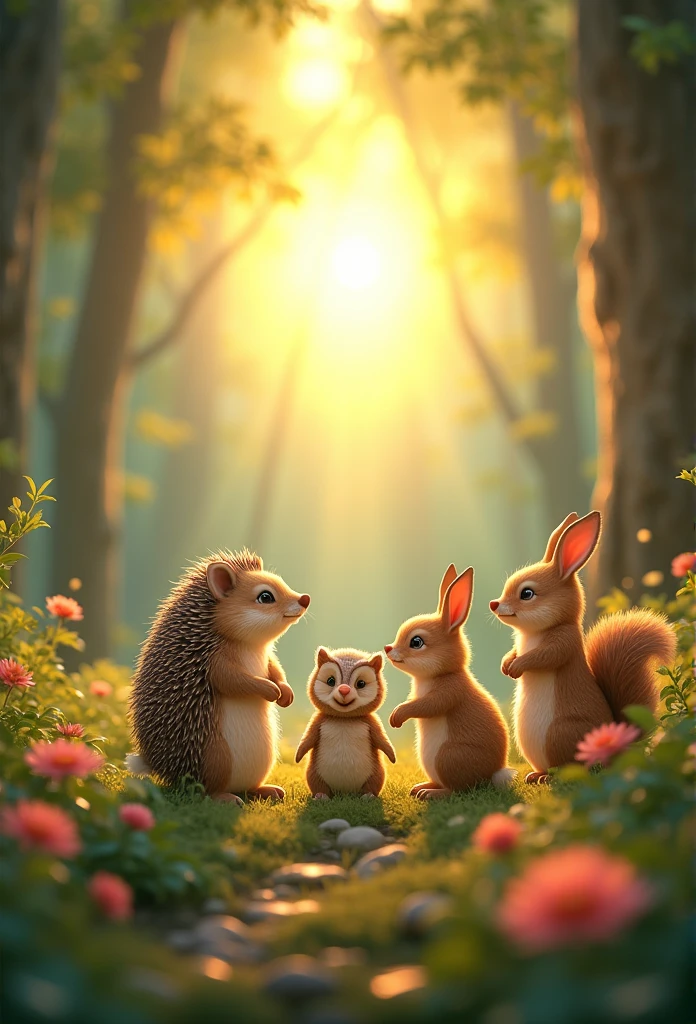 Hedgehog, Little Rabbit, Little owl and squirrel, Awaken happily in the magical forest, Shining sun in high detail