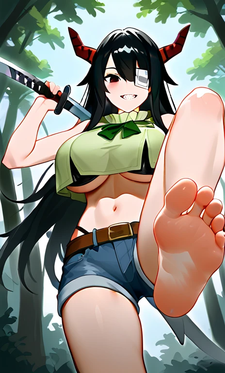 in the forest，A woman standing on one leg，Lift one foot to expose the sole of the foot，The foot has five toes，Stamp your feet，Low Angle，barefoot，Foot Focus，Perfect feet，Black Hair，黑色Long hair，Bangs，Red horns，Wear an eye patch over the right eye，Green neck bib，A woman holding a sword in each hand，Holding two swords，Shark Teeth，Long hair，Black bikini，Denim shorts， Green bow on the head，Anatomically correct, Big breasts(d), Mature，Perfect facial features，Sky