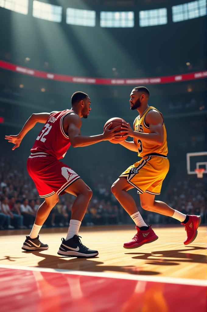 2 players play basketball game with Jordan shoes with different uniform