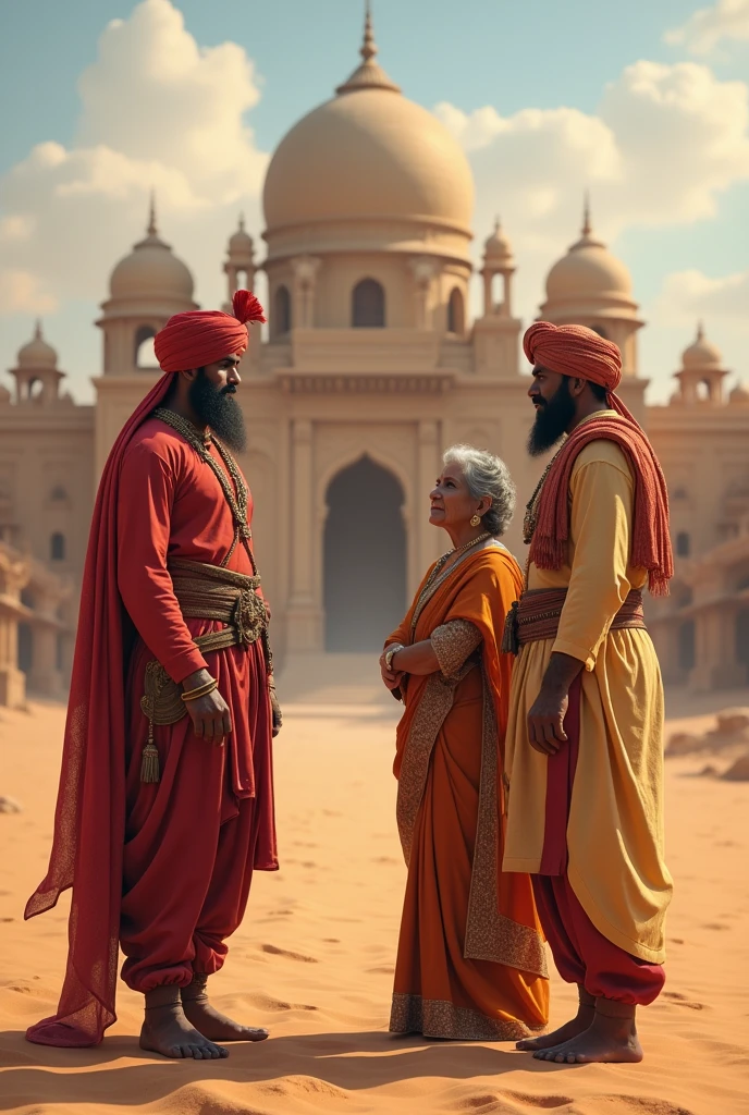 In the midst of a vast desert, an elderly woman engages in a conversation with two Rajput princes outside a grand, beautiful palace. The palace stands as a majestic oasis amidst the arid landscape. The princes, both strikingly handsome with strong builds and impressive mustaches, listen intently. Their regal presence and powerful physiques contrast with the serene wisdom of the old woman, creating a scene that blends age-old tradition with the timeless beauty of the desert setting.
