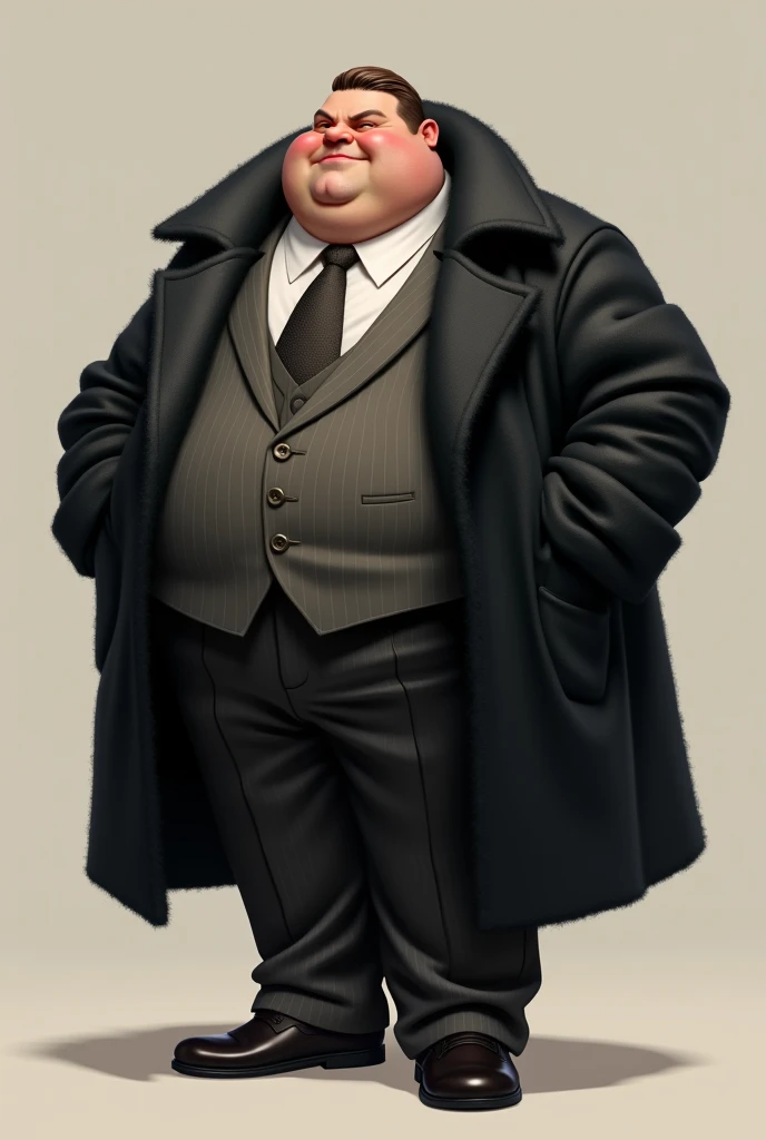 Fat person in a suit and a thick black jacket 