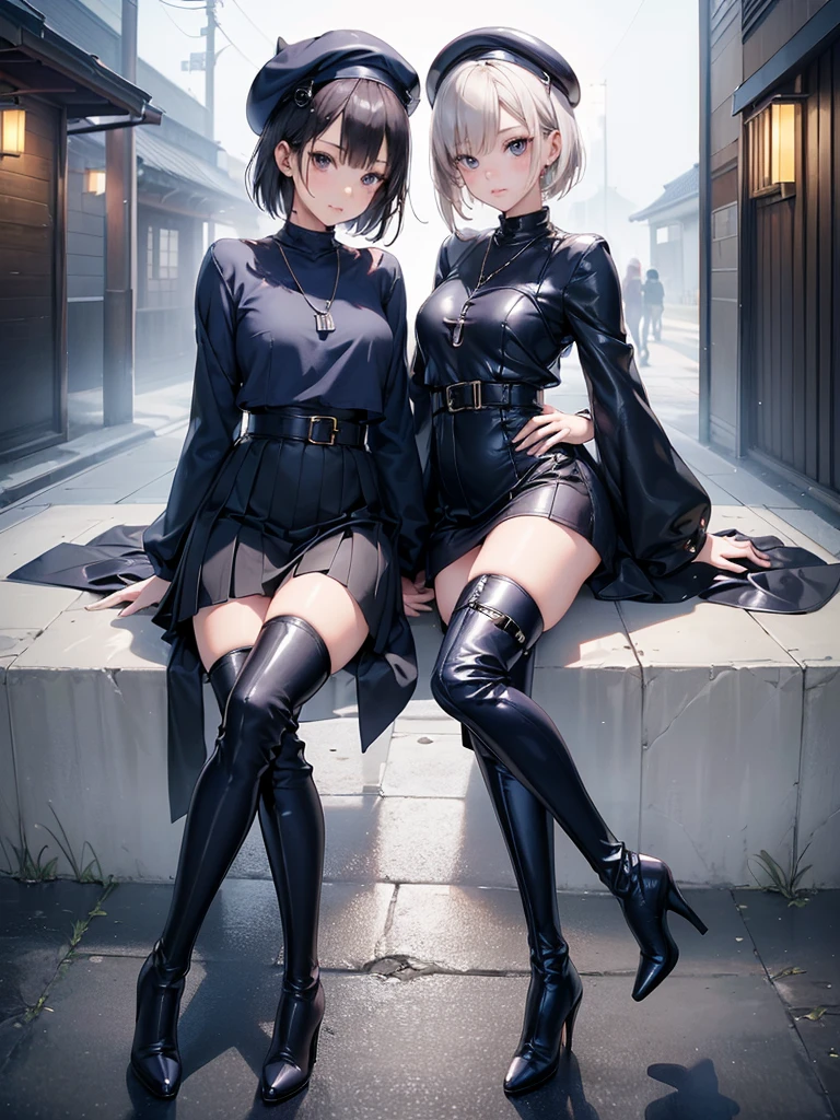((Biologically correct limb count)),(( From head to toe,Full-body photo including face)),4K,masterpiece,((Focus on the face)),((Symmetrical facial features)),Eyes with detailed description,Beautiful woman,Great style,Beautiful arms,Beautiful legs,Beautiful Hands,(Small Ass,Thin thighs),Detailed depiction of the face,Small earrings,necklace,(Navy leather clothes,skirt((High heels,Thigh-high boots))),Fantastic photos,Short Hair,Stand at an angle,Meeting,Alluring,beret,(Outdoor,A foggy early morning in Tokyo;1.2),Sitting