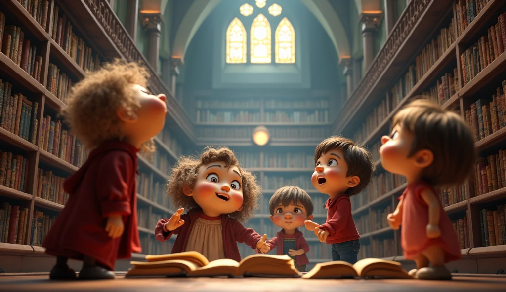 A giant book with children looking around it