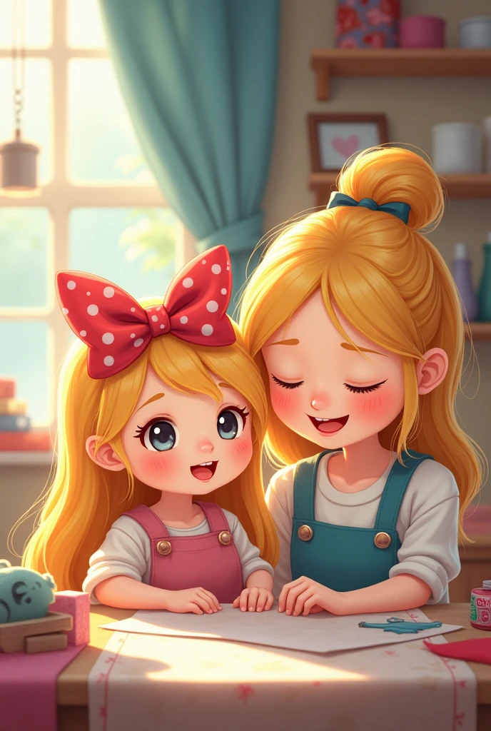 create an image of a beautiful blonde kawaii girl with 2 big bows in her beautiful hair together with her enterprising mother who makes bows