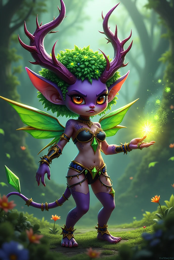 Prismatic coloration. Jungle like environment. A Short young Gremlin like Plant woman with a Deep purple skin tone. She has a gorgeous set of B-cup breasts, curvaceous hips, Slender Legs, & a round but small ass. She has short leaf green curly hair stopping at the top of her neck with various flowers growing within. She is wearing a revealing Yet royal Black & Purple Bikini like armor exposing much of her chest area with Golden celestial designs. She wears an otherworldly royal Tiara on her head. She has a serious face with a sad frown & a stern gaze in her sharp Rainbow Glowing eyes with black sclera & a heavily freckled form. She has long sharp Transparent Crystal like Blood-Red Demonic horns radiating heavenly energy & a set of elegant Elven ears. She has long Ruby red vine like tattoos running all around her body accompanied by Crimson Star-like Tattoos running along them. She has a small cute deer like snout. She has large Crystal Golden Fairy-like wings with a starlike pattern. She is seen in a battle stance summoning verdant green Stardust magic from her fingertips.