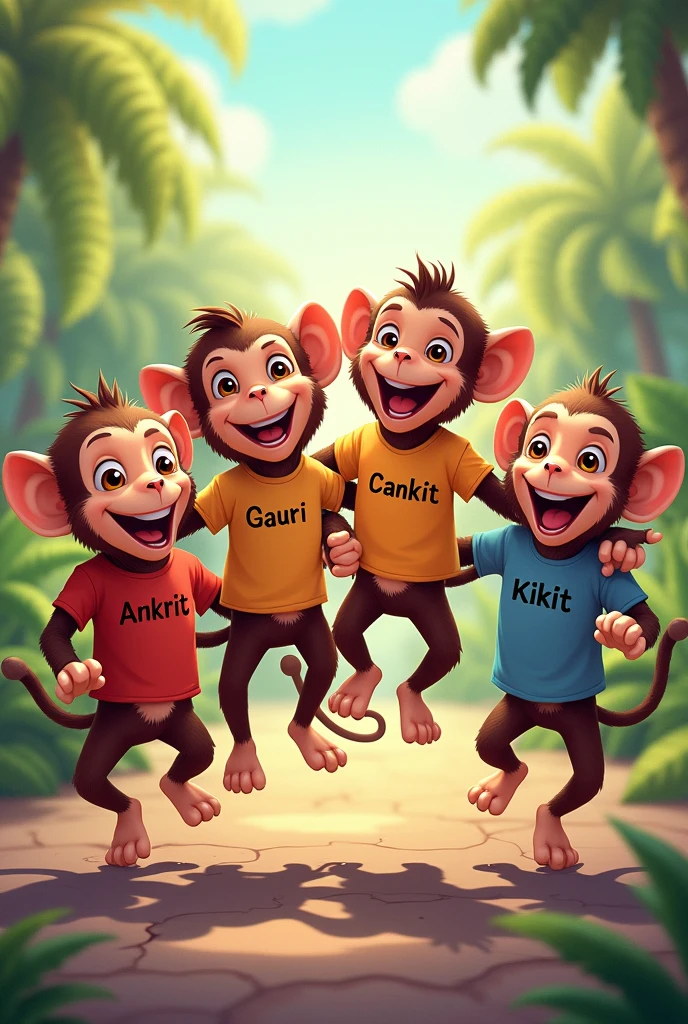 Four monkey friends named "Gauri" "Gaurav" "Ankit" and "Kirti" written on their tshirt 