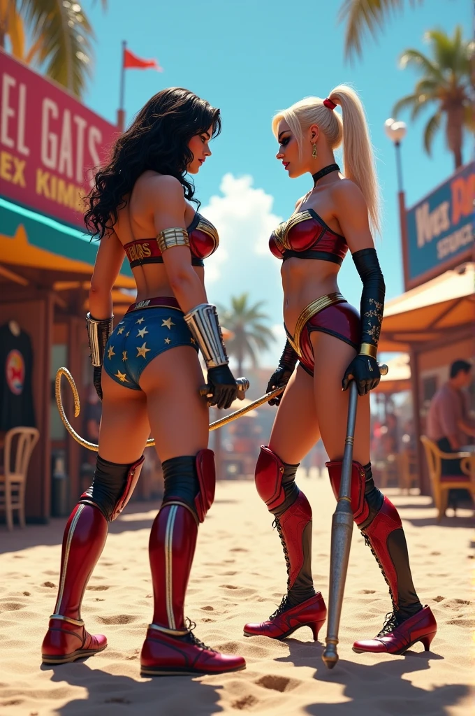CGI photo effect. digital joyful colours throughout. zoomed-out view. Mortal Kombat style. 2 characters. WonderWoman holding a curled up whip and ((Harley Quinn holding an aluminium baseball bat)) are facing each other wearing twopiece outfits. The background is a beach with wrestlemania merchandising prominently visible and strobe lighting. full-body picture. whole-body picture