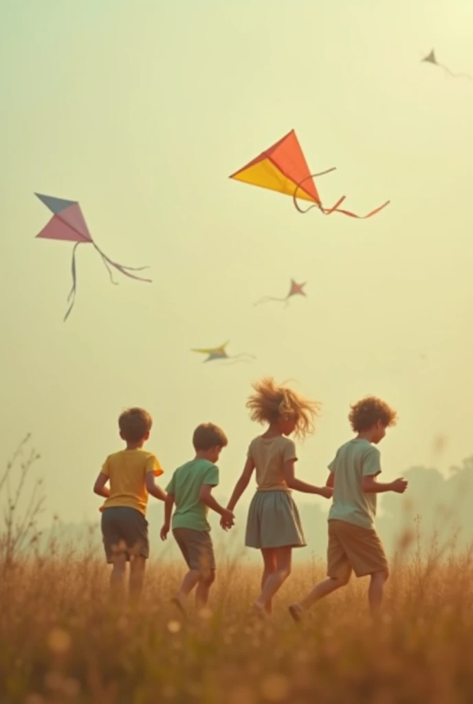 a blonde girl, 18-years old, has fun with boys flying colorful kites .Filtro Foggy, David Hamilton Style.