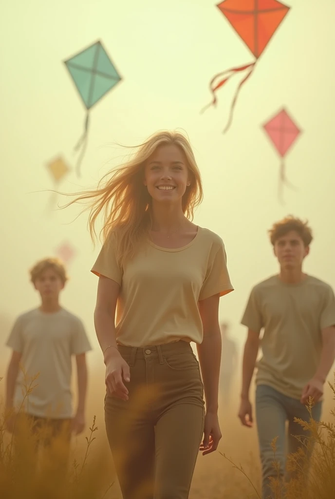 a blonde girl, 18-years old, has fun with boys flying colorful kites .Filtro Foggy, David Hamilton Style.