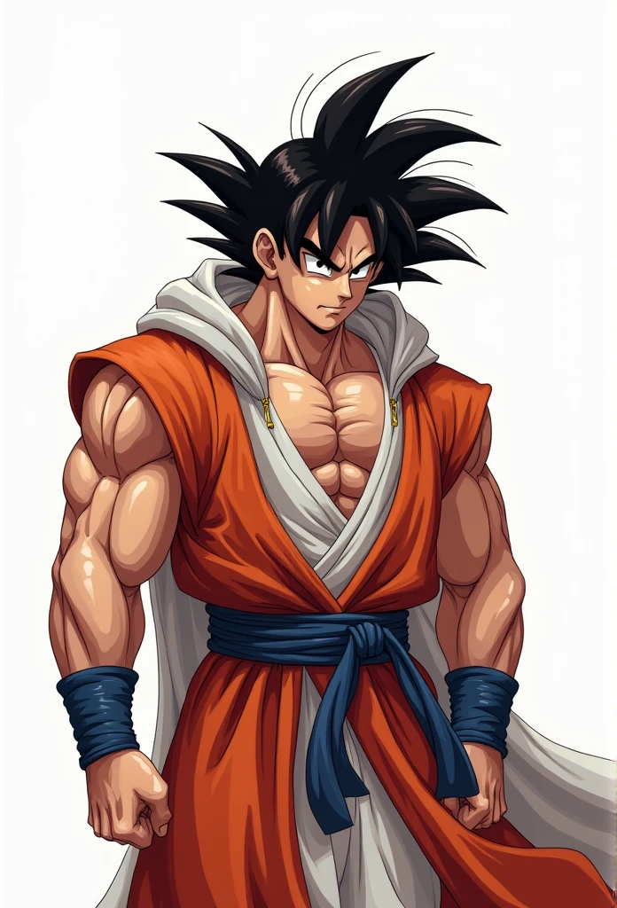 (Realistic,Realistic:1.37),Ultra-detailed,Detailed illustration of Goku(be familiar with,Emotional,Expressive,Features), Dragon Ball Z, Sun Wukong, White innerwear, Jedi Robe, Hooded Robe, Red Robe, Front opening robe, フードをsuffer, suffer, Hide your head, Hands on hips, smile, smiling, Simple Background, White background