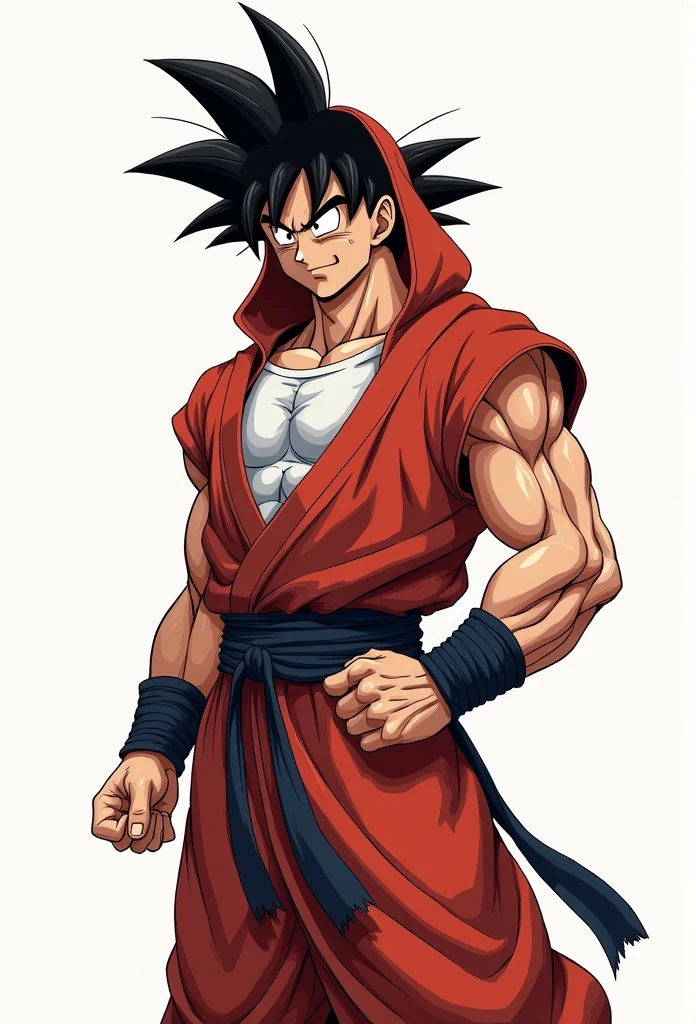 (Realistic,Realistic:1.37),Ultra-detailed,Detailed illustration of Goku(be familiar with,Emotional,Expressive,Features), Dragon Ball Z, Sun Wukong, White innerwear, Jedi Robe, Hooded Robe, Red Robe, Front opening robe, フードをsuffer, suffer, Hide your head, Hands on hips, smile, smiling, Simple Background, White background