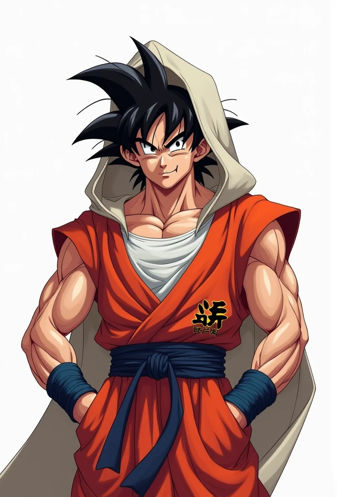 (Realistic,Realistic:1.37),Ultra-detailed,Detailed illustration of Goku(be familiar with,Emotional,Expressive,Features), Dragon Ball Z, Sun Wukong, White innerwear, Jedi Robe, Hooded Robe, Red Robe, Front opening robe, フードをsuffer, suffer, Hide your head, Hands on hips, smile, smiling, Simple Background, White background