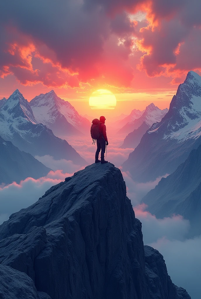 Feature a mountain peak with a sunrise or sunset in the background, symbolizing achievement and persistence.
Include a person climbing the mountain or reaching the summit to emphasize the journey and victory
