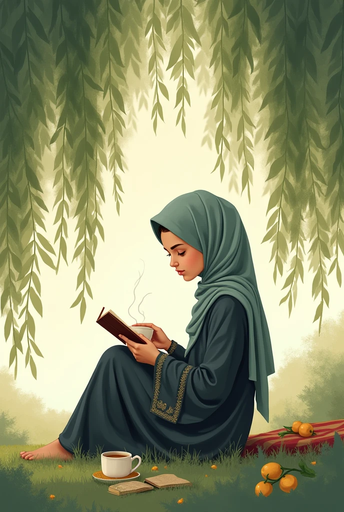 generate illustration of muslim girl with book and tea under the willow trees