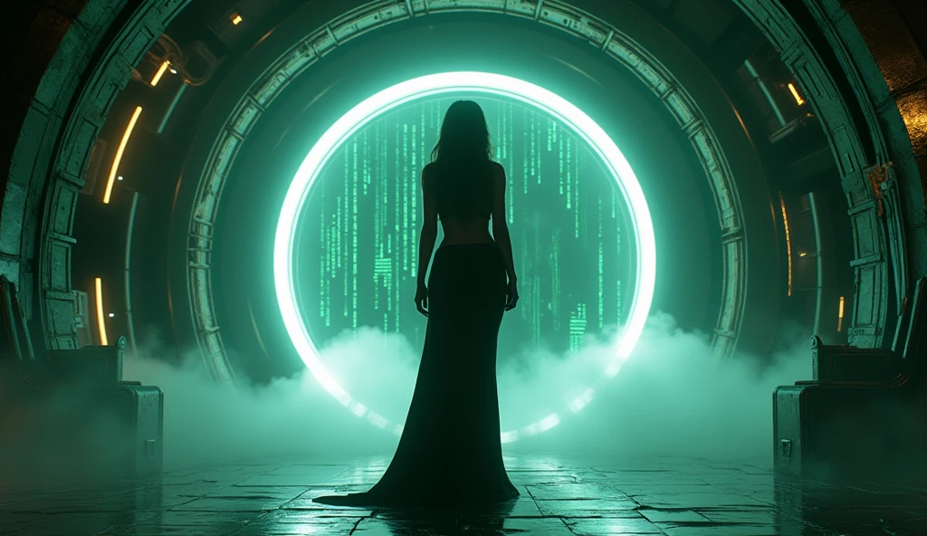 a portal to the matrix, a figure of an ultra hot gorgeous European woman.age 23. Voluptuous hourglass body. Epic cleavage. (100 E size).standing in the center of a glowing, futuristic portal, intricate cyberpunk architecture, neon lighting, glowing digital matrices, volumetric fog, cinematic lighting, hyper-detailed, 8k, photorealistic, dramatic, sci-fi, moody, dark colors