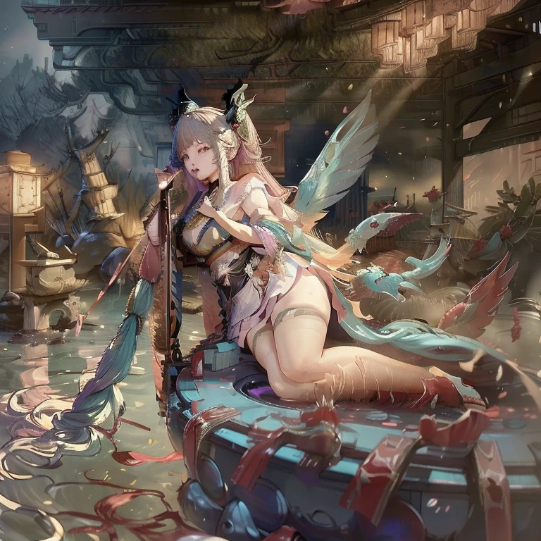 (((Realistic, masterpiece, best quality, crisp detail, high definition, high detail, very rich detail, sharp focus, sharp detail, colorful, Rich color, perfect studio lightning))), ((20 years old, beautiful goddes of water, floating, aqua color hair)),(((in the middle of war, epic war scene, attack stance))), wearing (((beautiful decorated aquatic heavy armor, water dragon armor, decorated full body armor, fully armored beautiful kimono, wide water diabolos wings))), (holding giant blade), (((blood everywhere, death everywhere, Japan Bakumatsu Period, dead bodies,carcass, drowned japanese castle, catastrophic tsunami, flood, three headed water dragon)) traditional village background), heavy rain,a close up of a person with colorful hair and a Rainbow Colors wig, rainbow hair overlay, Rainbow Colors hair, rainbow hair, Rainbow Colors, colorful hair, Colorful long hair, Kawaii Decoration RainbowCore, colorful braids, Hair coloring, colorful hair, Harajuku hair, cute colorful cute, half & half hair dye, Two-color Hair coloring agent bang dream 4th live, liveQR diagram, hololive, Anime cover, Detailed image, official artwork, game cover, Very detailed BD cover, live concert, Night Core, by Sengai, live, vivid), 2 days, QR diagram, singing, Sleeves, l7m, The album cover!, Use your index finger, visual novel cg, Lingchang