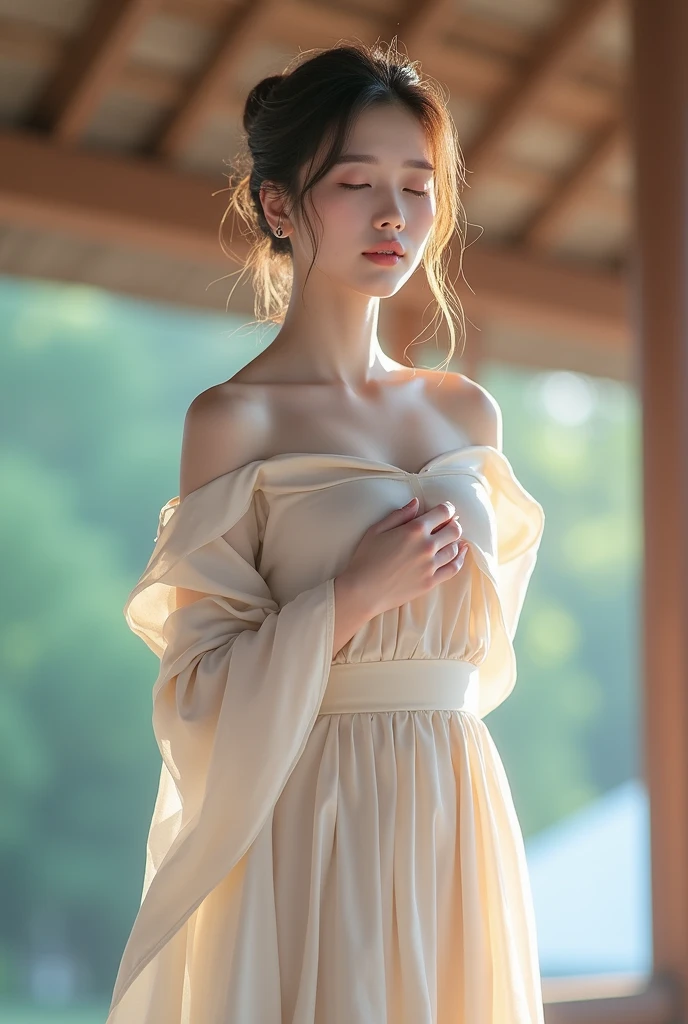 A Japanese woman dresses elegantly in natural light.、Close-up of her chest and calm expression..、It shows her inner calmness and outer charm..。