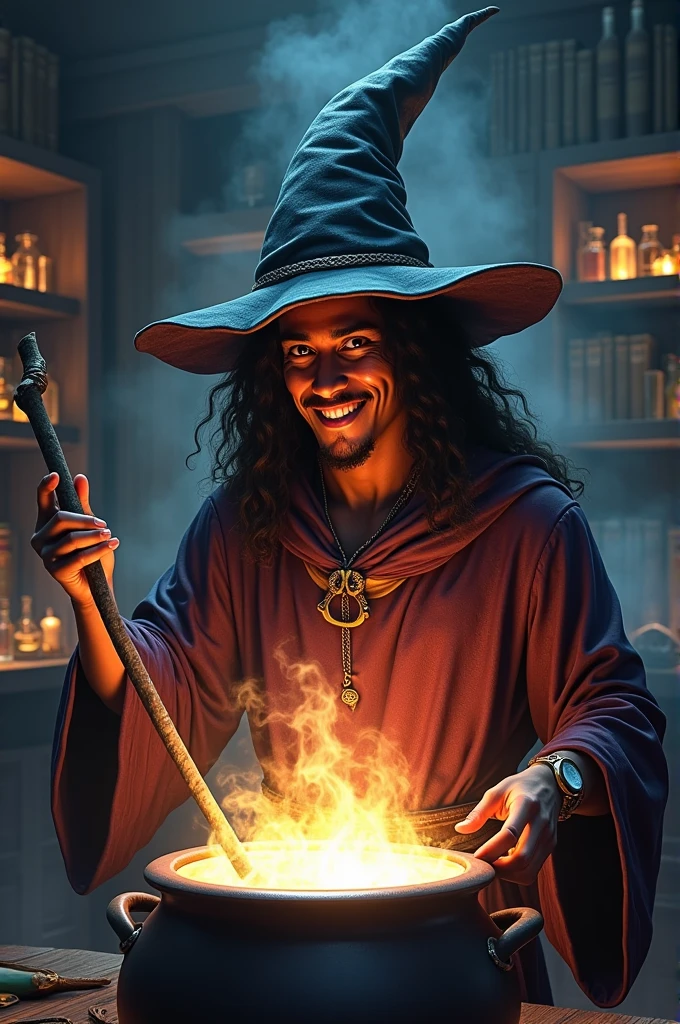 Create an image of the football player Ronaldinho Gaúcho wearing a wizard's hat and stirring a cauldron of magical potions, reflecting his nickname 'Bruxo'. The wizard's face must be that of the former player Ronaldinho Gaúcho. In the environment of the image, there should be a witch's cauldron where Ronaldinho Gaúcho is preparing a magical potion. The purpose of this creation is to highlight all of Ronaldinho's qualities as a football player, which earned him the nickname 'Bruxo'.