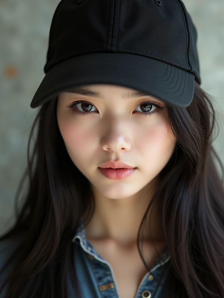 chinese girl 20 years old , with flawless face,focus on her gaze,cute,beautiful,high quality beautiful,black hair ,with black bisbol hat,casual style ,natural ,badass