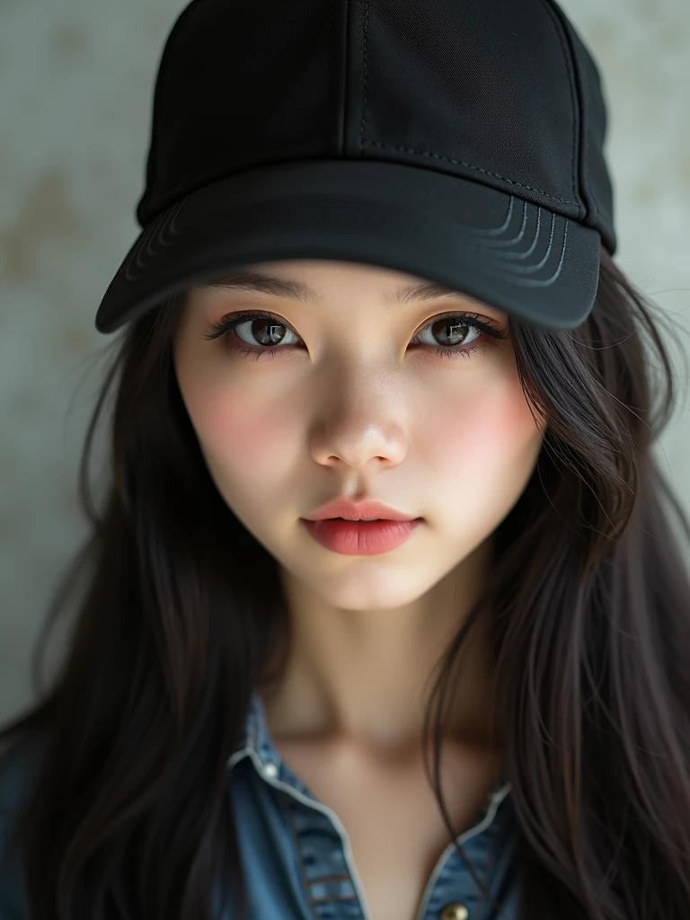 chinese girl 20 years old , with flawless face,focus on her gaze,cute,beautiful,high quality beautiful,black hair ,with black bisbol hat,casual style ,natural ,badass