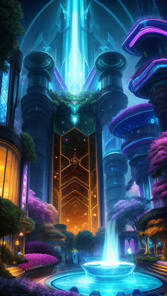 a close-up medium shot, a grand and intricate full-size portrait, a cool tiger with a magnificent, fantastical gemstone-adorned wingspan posed in a futuristic, fantastical garden, with a breathtaking, sweeping panoramic background filled with a rich, technologically advanced cityscape bathed in the soft, glowing light of dusk, the cat's fur shimmering with an enchanting metallic color array in the city lights, the garden a futuristic, luminescent, dreamlike, otherworldly realm, this captivating masterpiece, a wonderful fusion of fantasy and technology