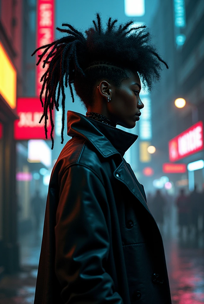 detective cyborg noir , "scify noir" like movie poster --auto afro, African braids --classic emperor