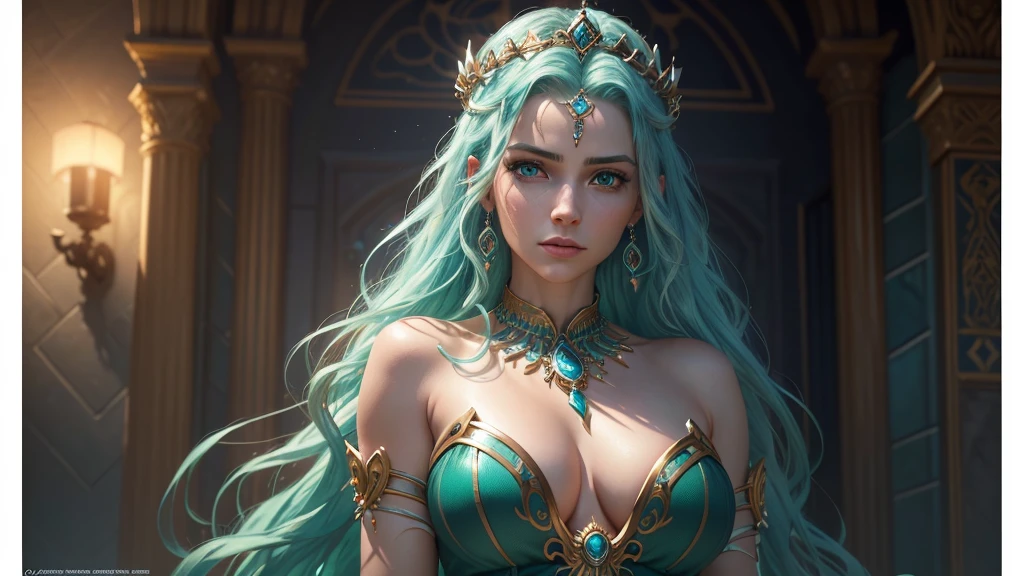 a beautiful queen of atlantis, intricate detailed portrait, gorgeous flowing blue green hair, piercing ocean blue eyes, flawless skin, serene expression, ornate golden crown, elegant jeweled necklace, shimmering blue and green scale-like dress, underwater palace in the background, dramatic lighting, cinematic composition, (best quality,4k,8k,highres,masterpiece:1.2),ultra-detailed,(realistic,photorealistic,photo-realistic:1.37),cinematic lighting,dramatic colors,fantasy art