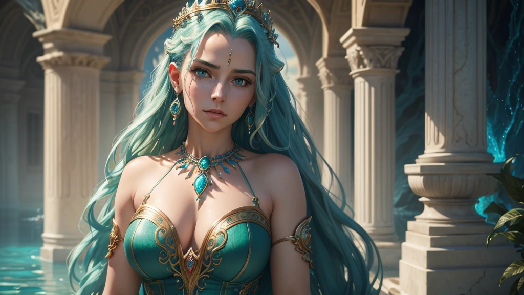 a beautiful queen of atlantis, intricate detailed portrait, gorgeous flowing blue green hair, piercing ocean blue eyes, flawless skin, serene expression, ornate golden crown, elegant jeweled necklace, shimmering blue and green scale-like dress, underwater palace in the background, dramatic lighting, cinematic composition, (best quality,4k,8k,highres,masterpiece:1.2),ultra-detailed,(realistic,photorealistic,photo-realistic:1.37),cinematic lighting,dramatic colors,fantasy art