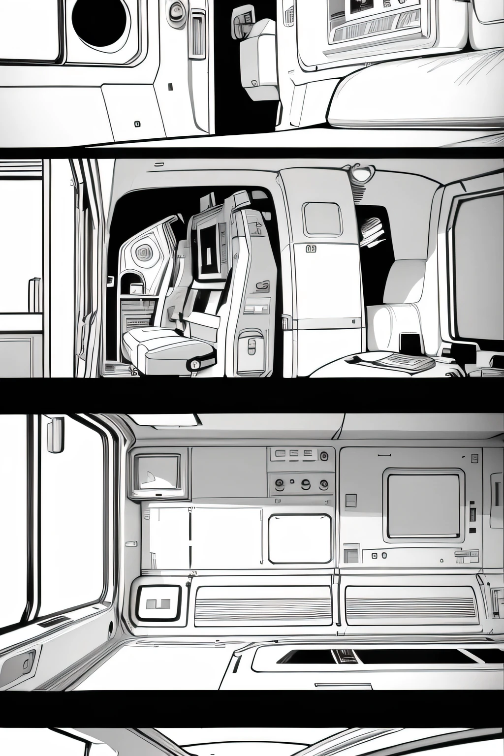 spaceship from inside,buttons, control pannel, black & white, one pannel