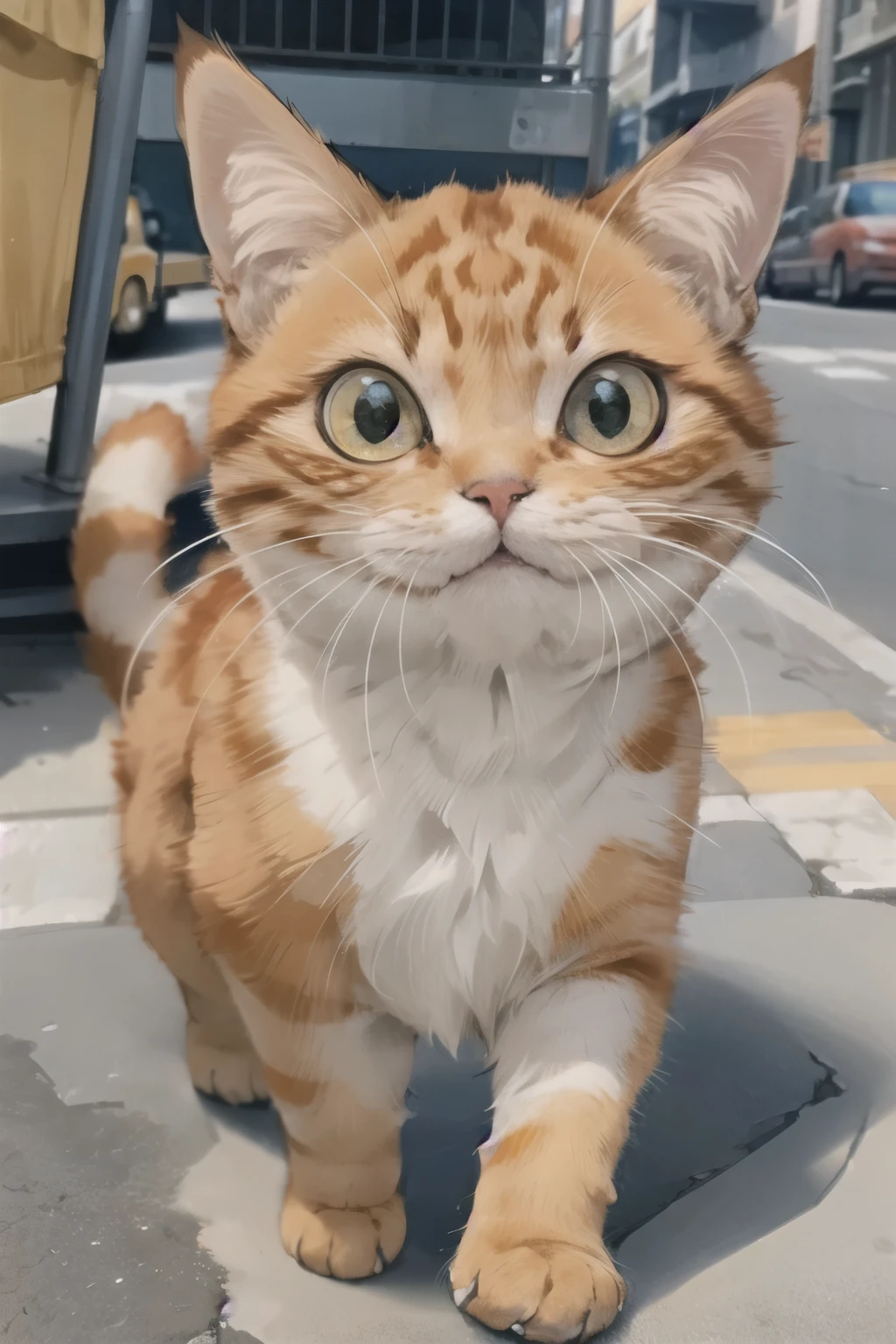 One little Orange kitten Nina Big eyes happily walking on street