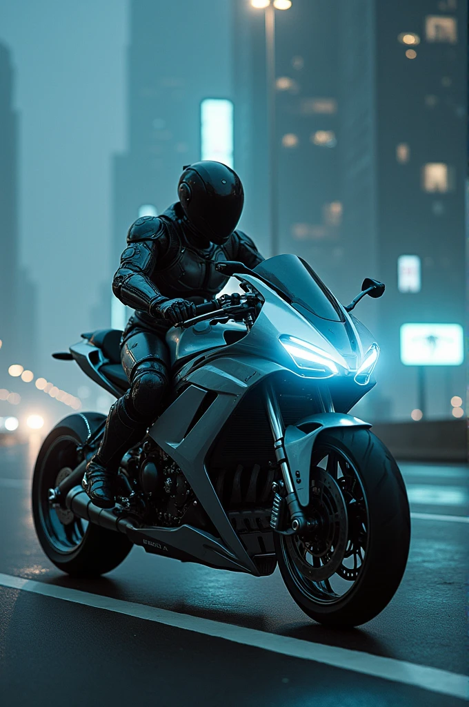Rider riding a superbike in robotic suit in dark night on highway